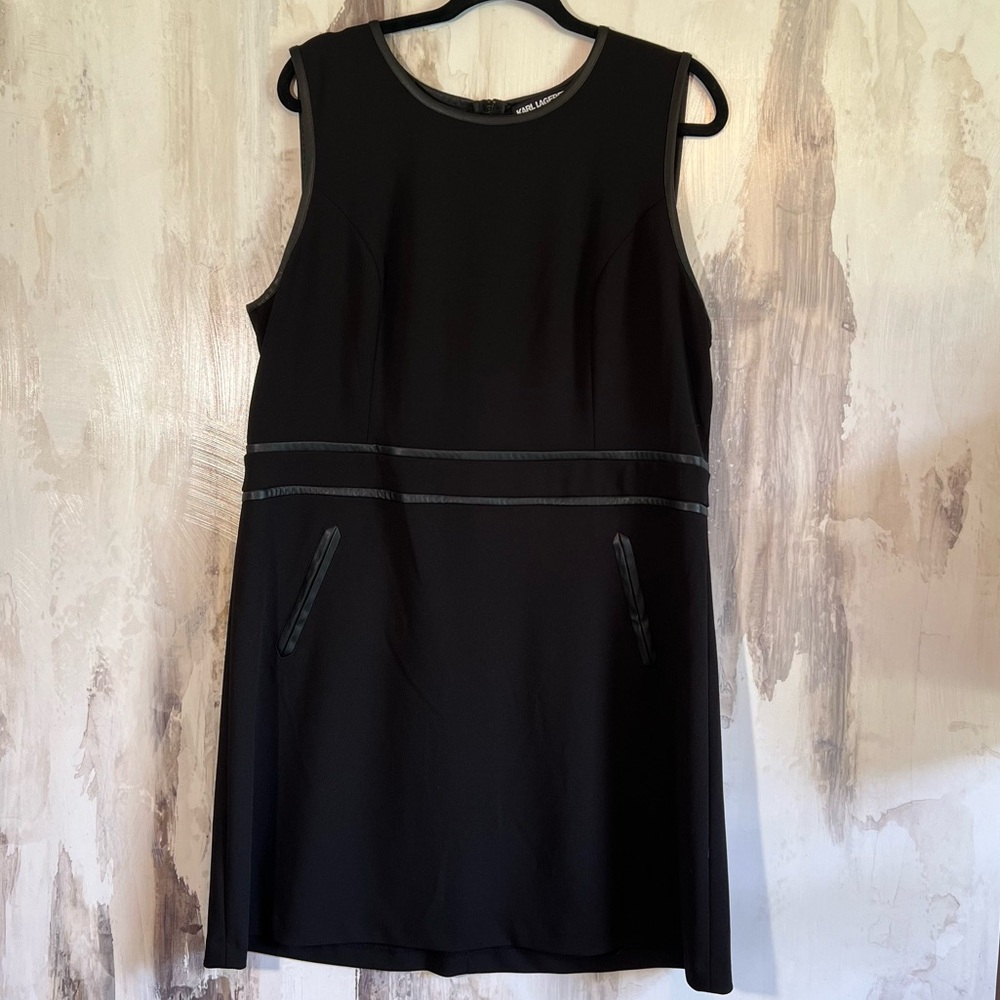 Karl Lagerfeld Sleeveless Sheath Black Dress Faux Leather Accents Size 16